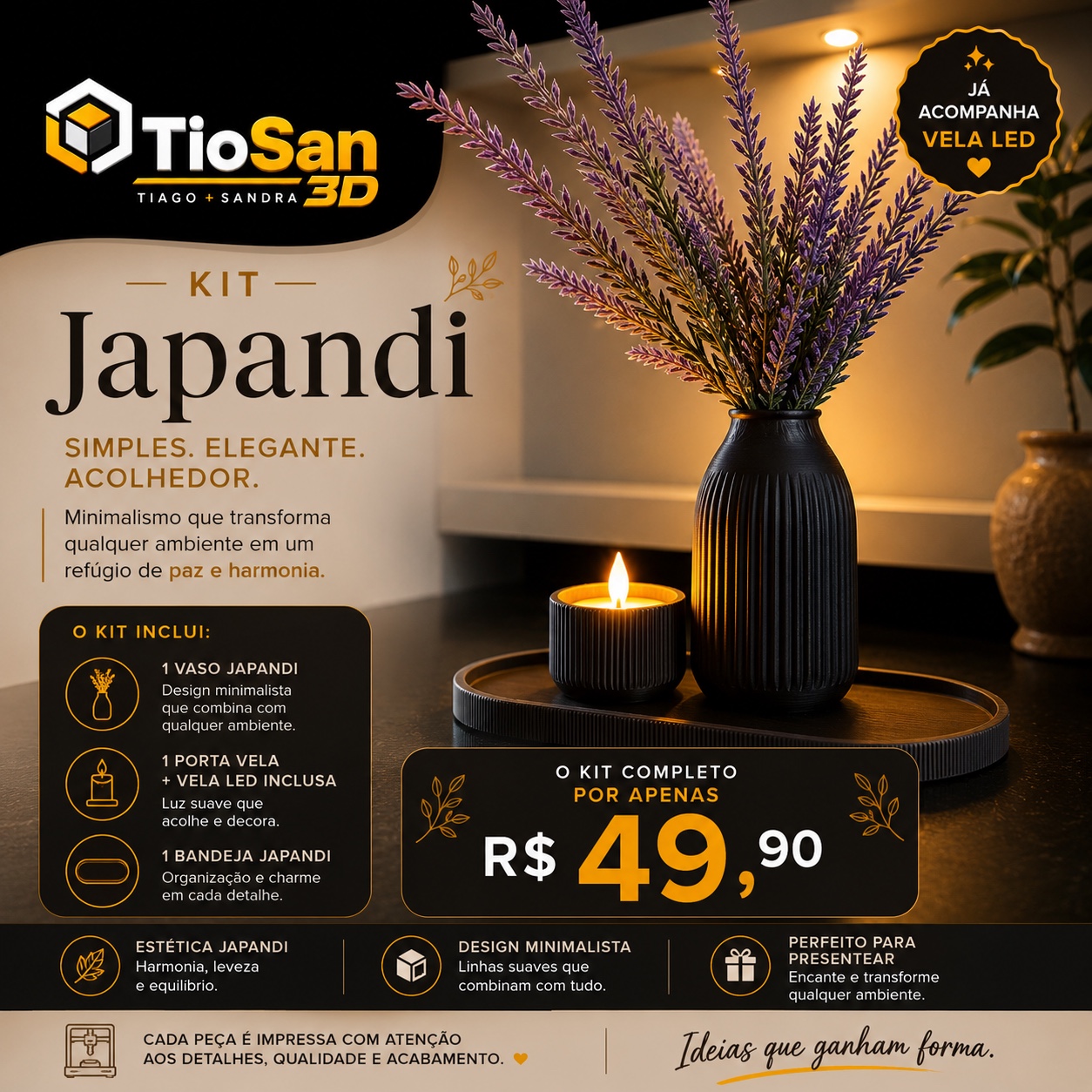 Kit Japandi com vaso e vela LED
