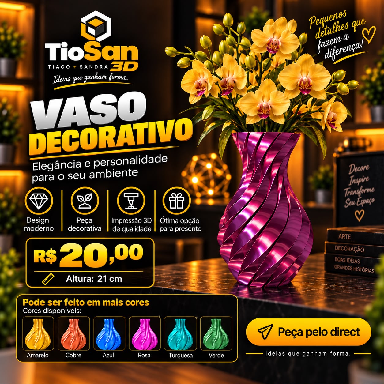 Vaso decorativo roxo de 21 cm